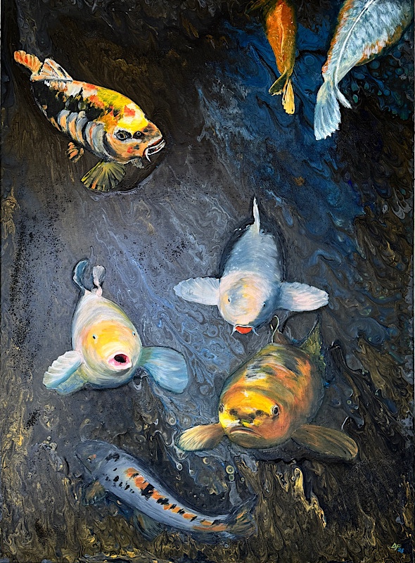 Acrylbild als Pouring mit nachträglicher Bemalung mit Kai-Karpfen